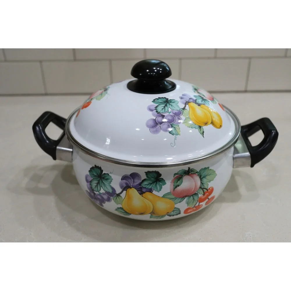 Vintage Enamelware Stock Pot with Lid Fruit Orchard Pattern White 2 Quart
